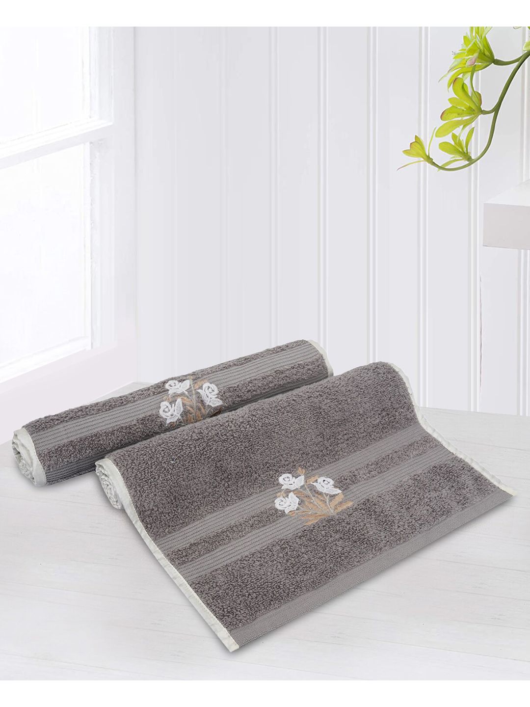 LUSH & BEYOND Set Of 2 Grey & White Printed 500 GSM Pure Cotton Hand Towels Price in India