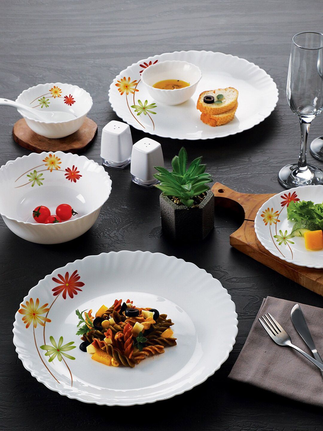 Cello White & Red 35 Pieces Floral Dazzle Margarita Opalware Matte Dinner Set Price in India