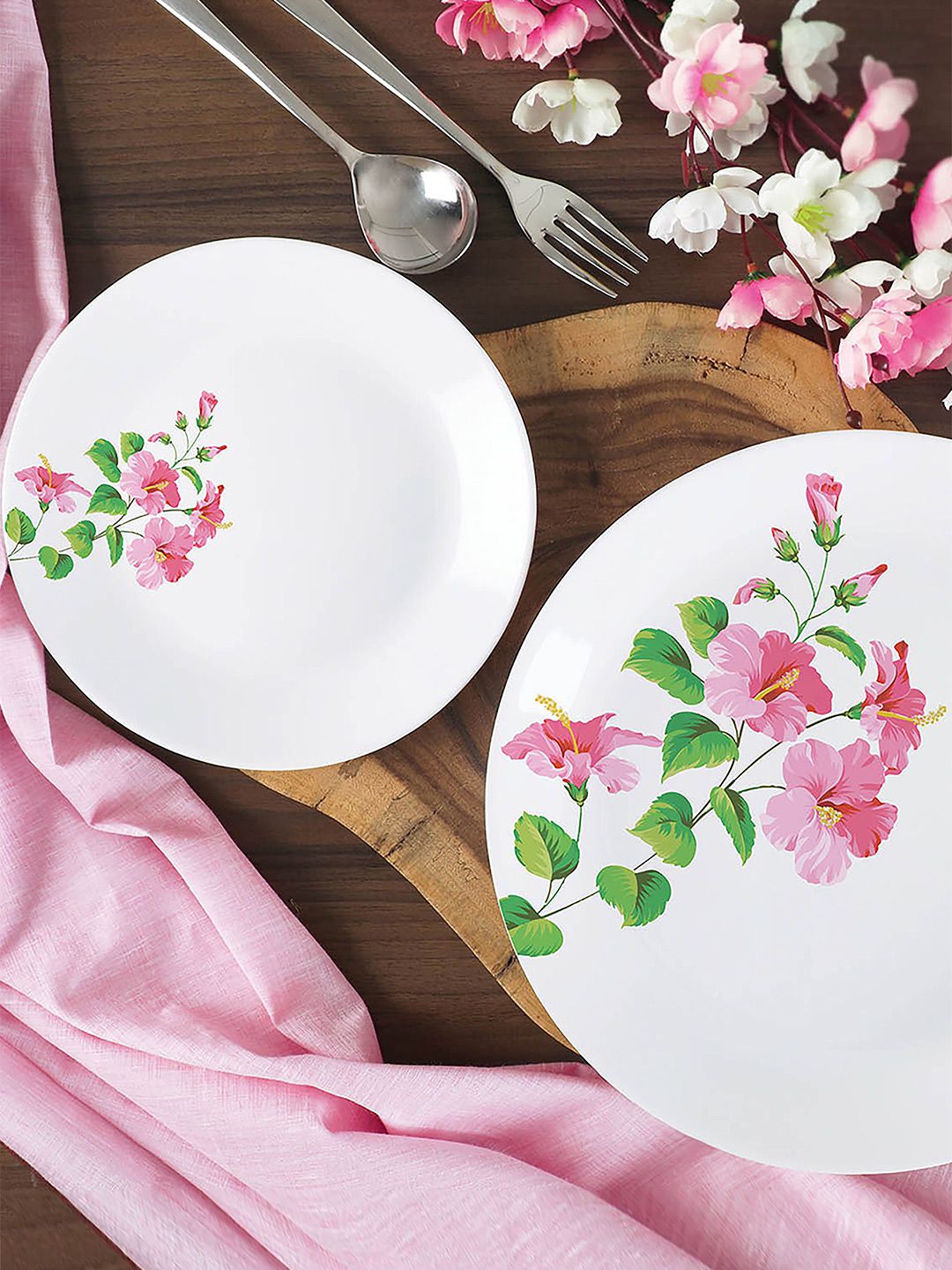 Cello White & Pink 18 Pieces Zarah Hibiscus Printed Opalware Matte Dinner Set Price in India