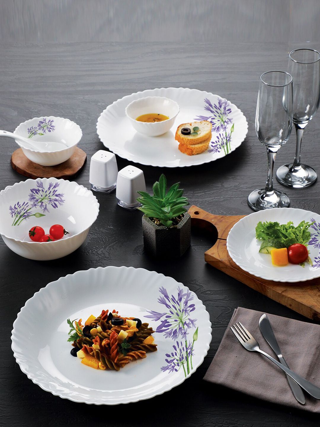 Cello White & Lavender 35 Pcs Dazzle Verbena Printed Opalware Glossy Dinner Set Price in India