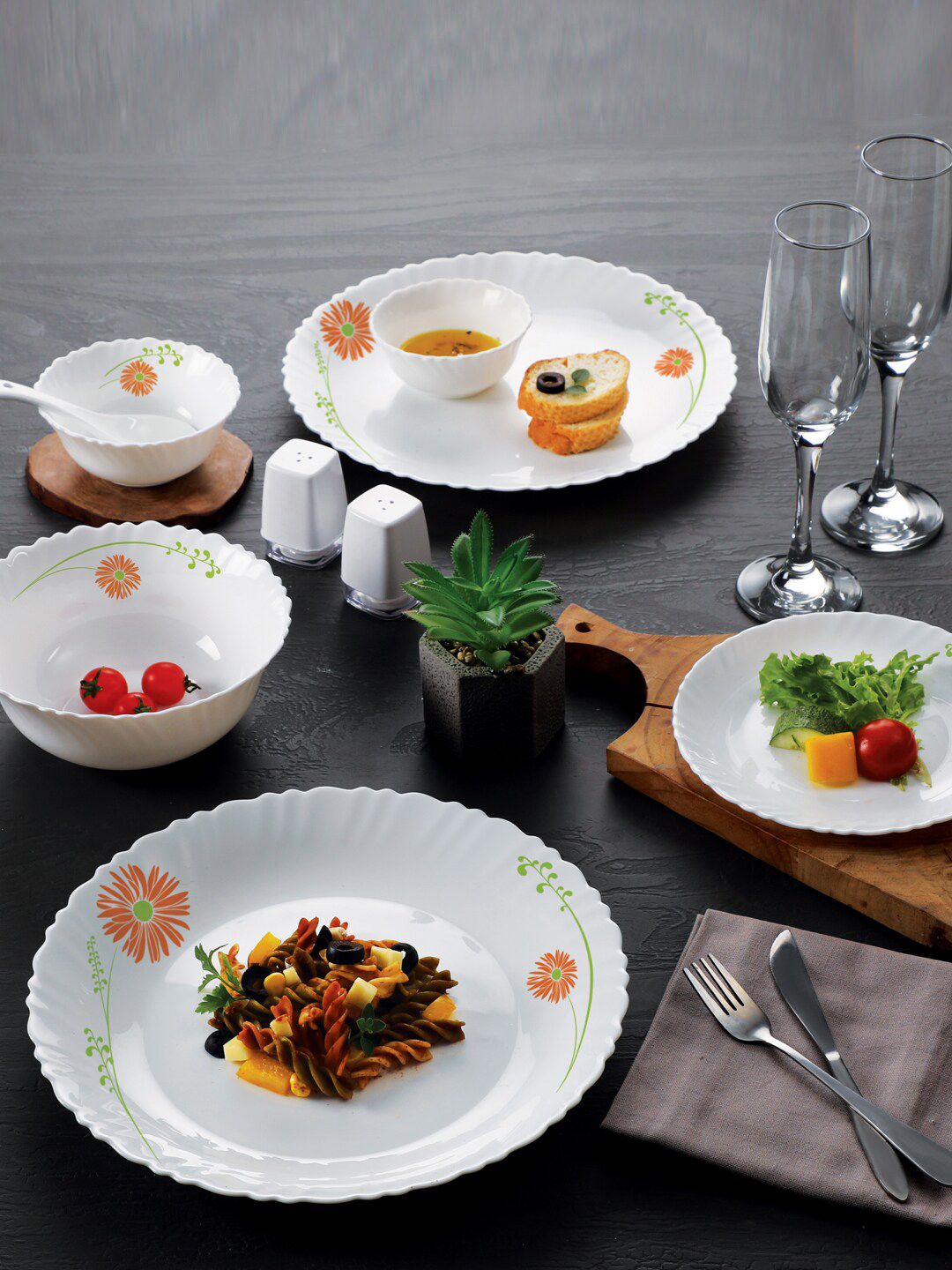 Cello White & Orange 19 Pcs Dazzle Livid Lilac Printed Opalware Matte Dinner Set Price in India