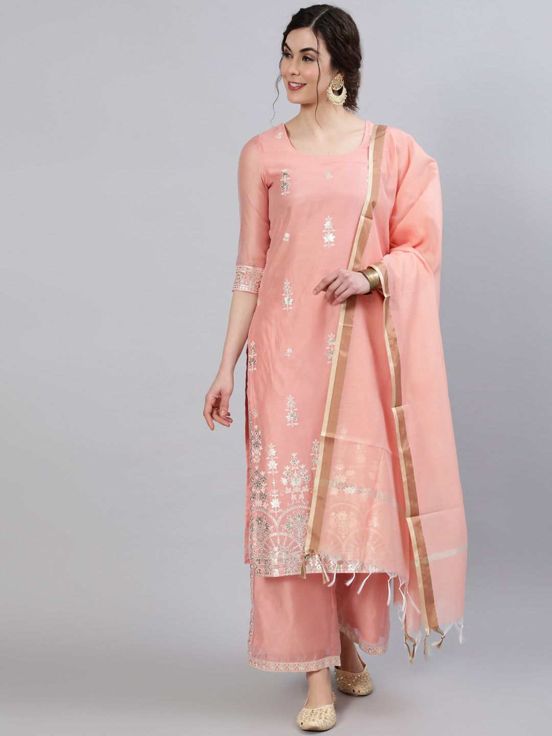 saubhagya Women Peach-Coloured Ethnic Motifs Printed Kurta with Palazzos & With Dupatta Price in India