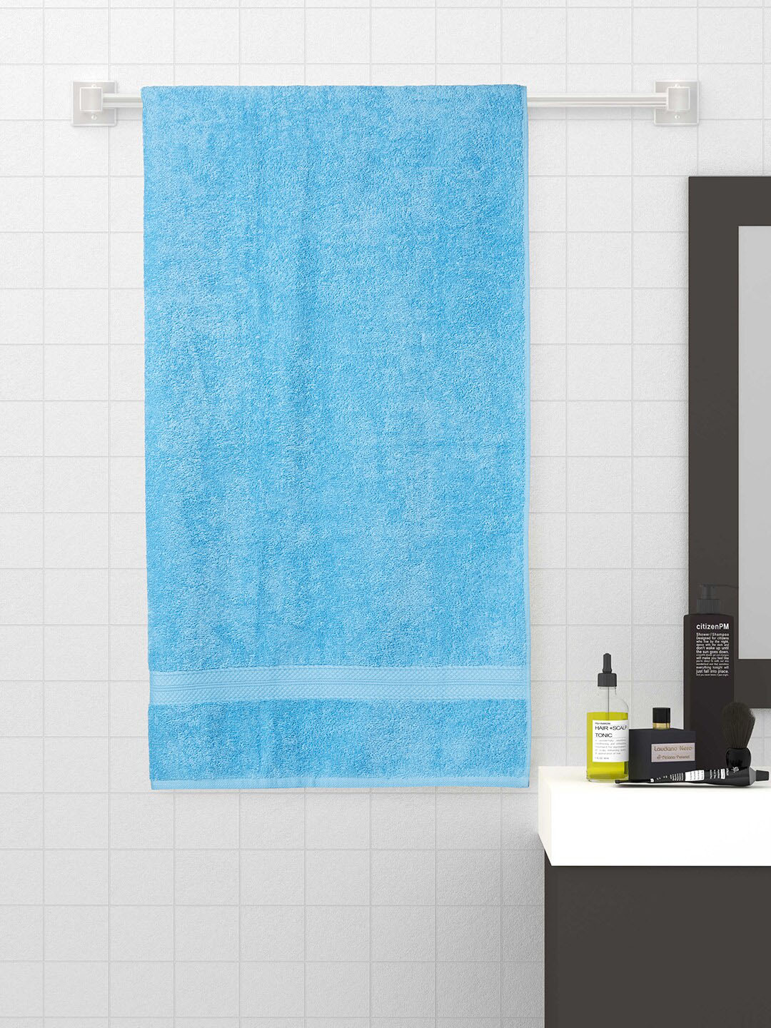 SPACES Blue Solid 480 GSM Pure Cotton Bath Towel Price in India