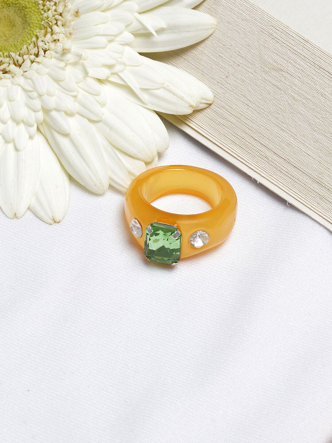 BEWITCHED Yellow & Green Rhinestone-Studded Finger Ring Price in India