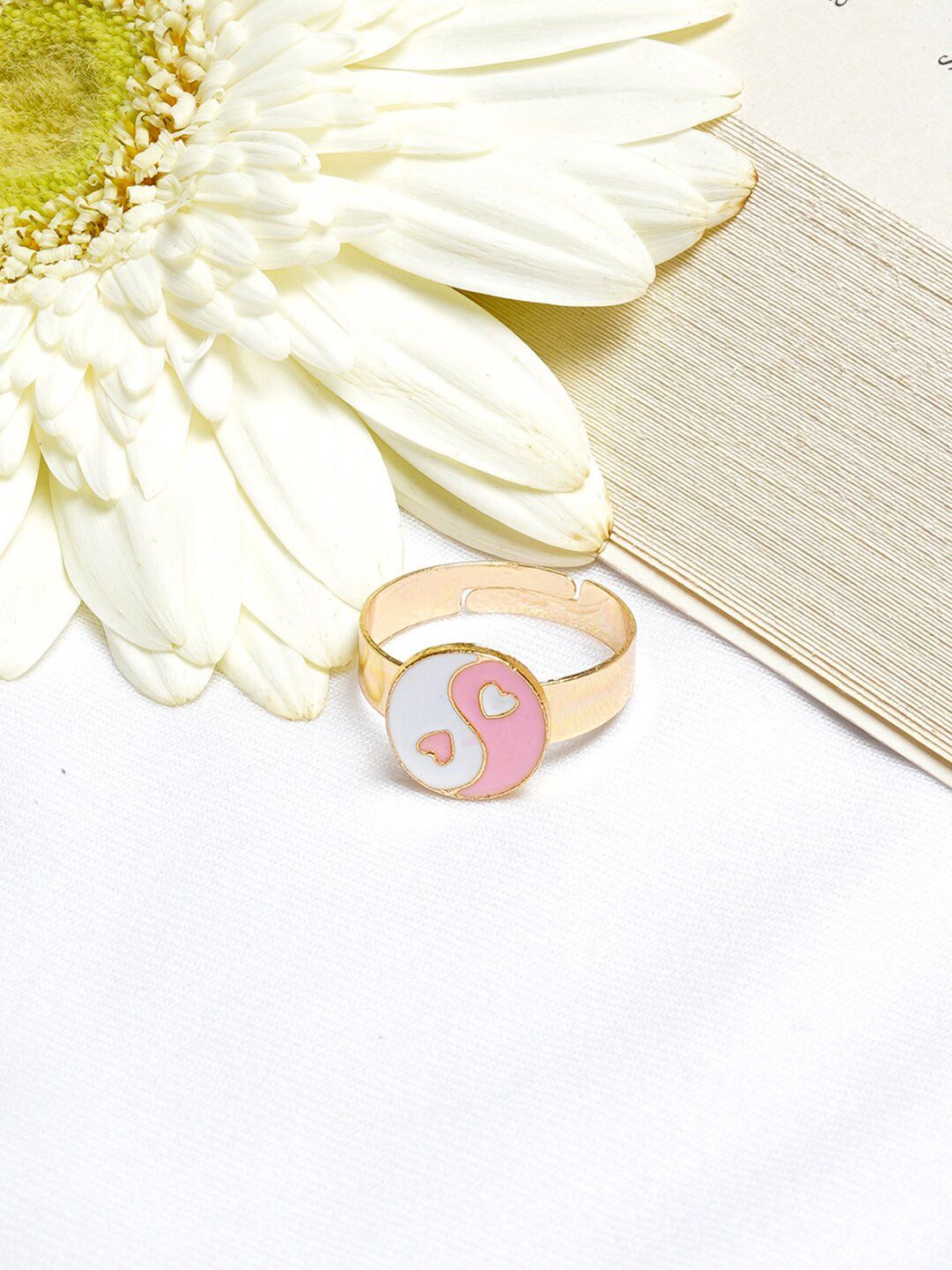 BEWITCHED Gold-Toned & White Enamelled Ying Yang Circular Finger Ring Price in India
