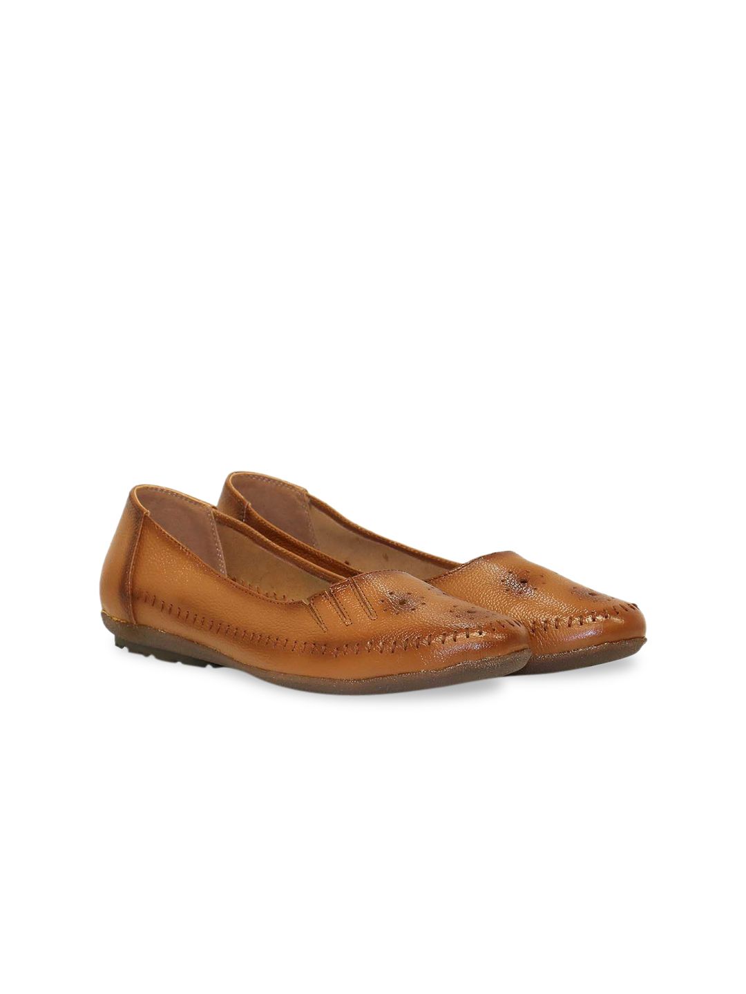 FOOTONS Women Camel Brown Textured Leather Loafers Price in India