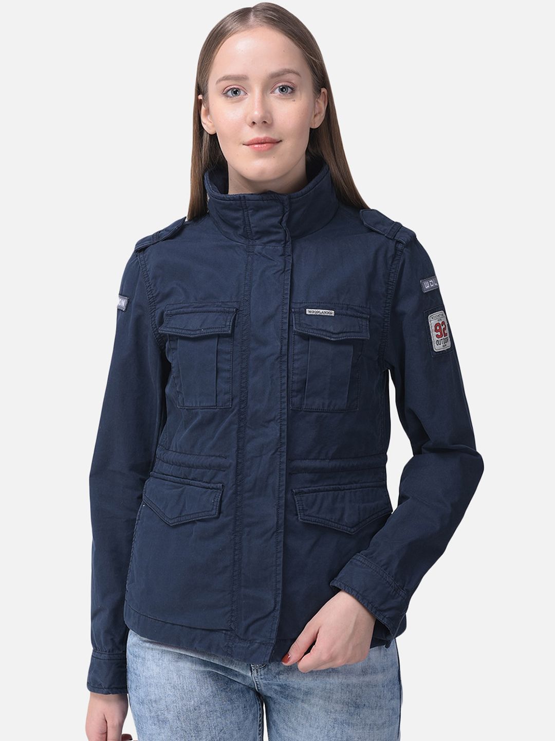 Woodland Women Navy Blue Solid Denim Jacket Price in India