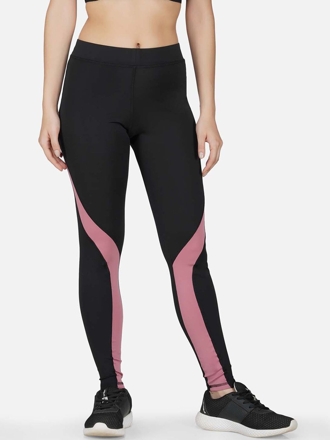 IMPERATIVE Women Black & Pink Colourblocked Dry-Fit Yoga Tights Price in India