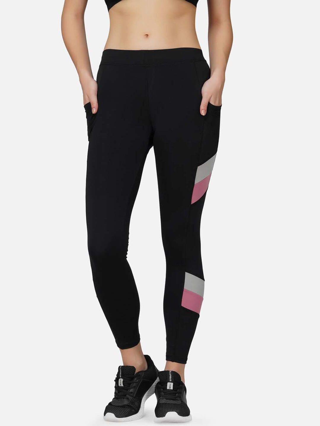 IMPERATIVE Women Black Solid Slim Fit Mid-Rise Dry Fit Yoga Tights with Side Striped Price in India