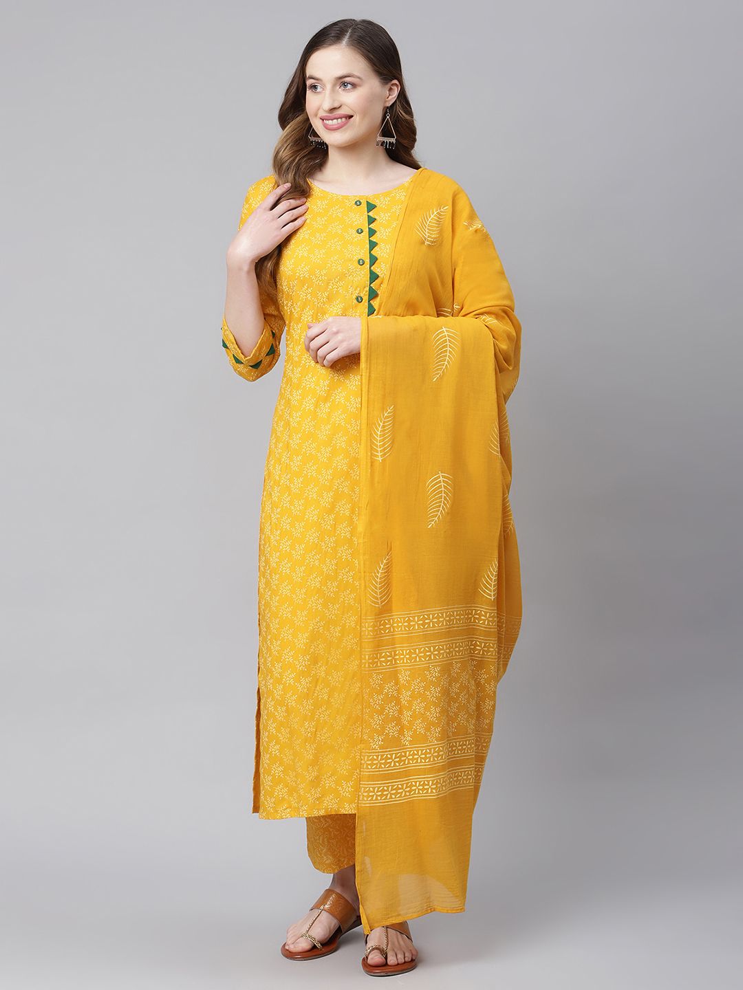 Sringam Women Yellow Floral Printed Kurta with Pyjamas & With Dupatta Price in India