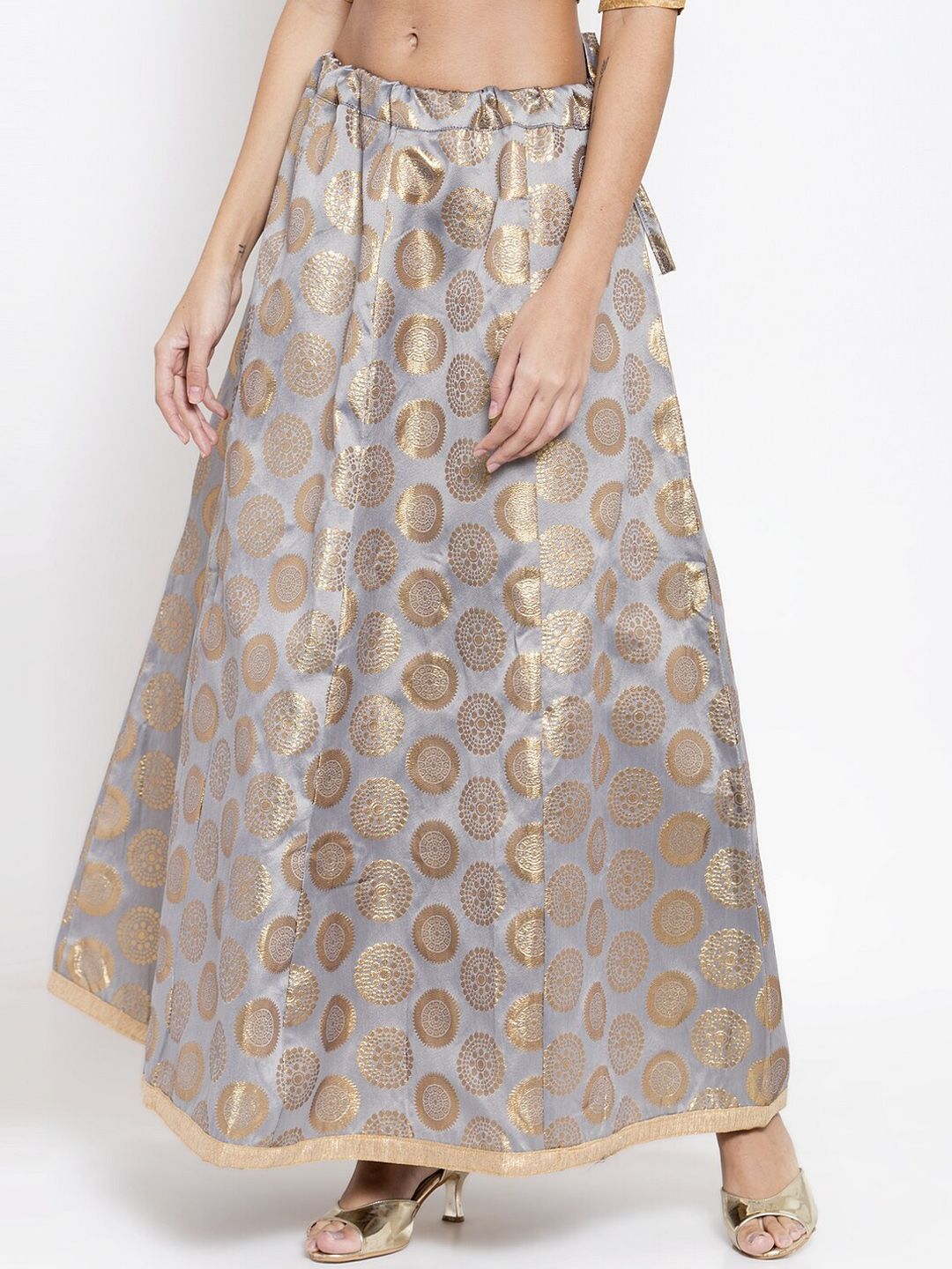 Clora Creation Grey Ethnic Motifs Print Banarasi Silk Ethnic Flared Maxi Skirts