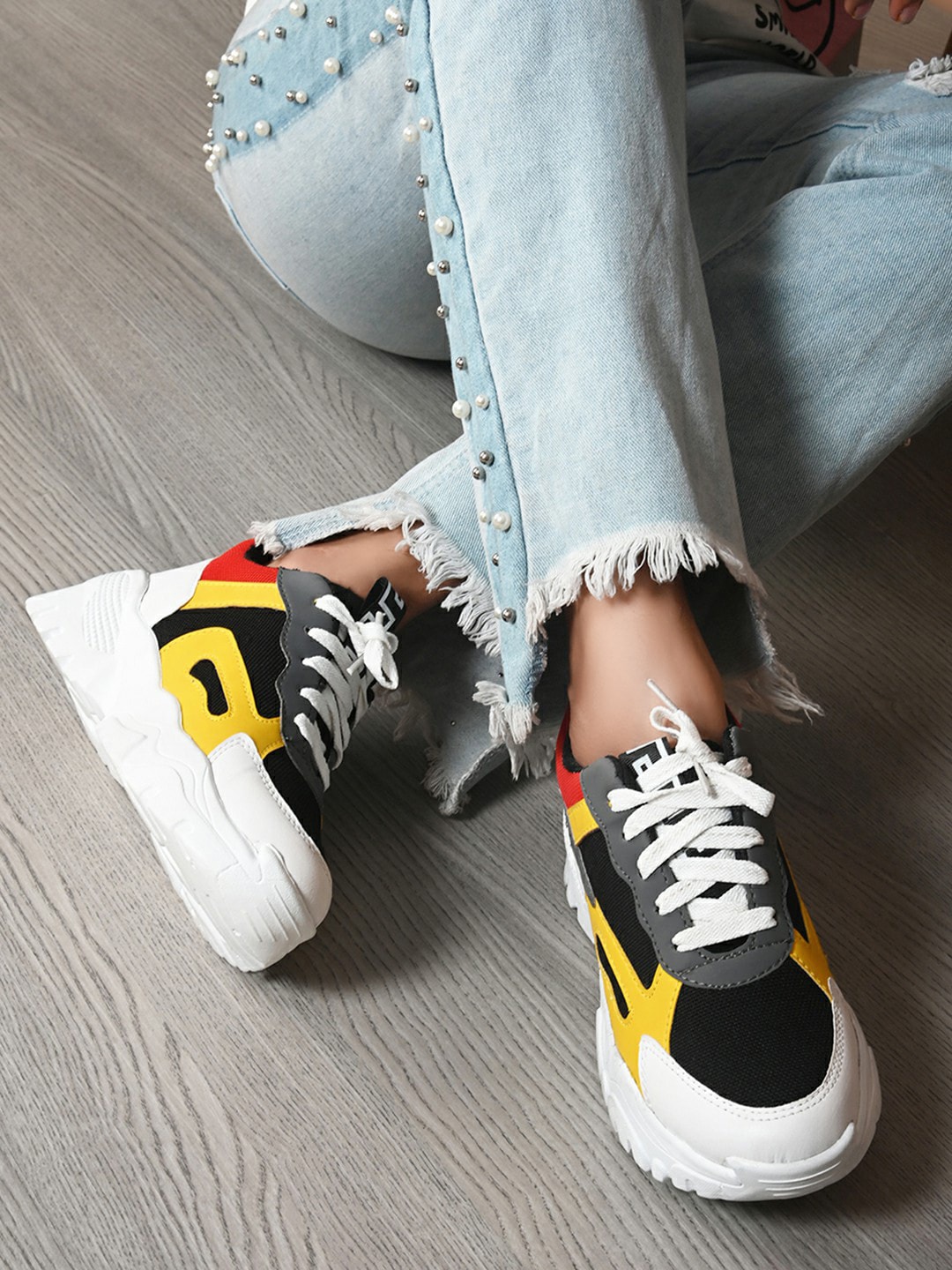 HERE&NOW Women Black & Yellow Colourblocked Faux Leather Sneakers Price in India