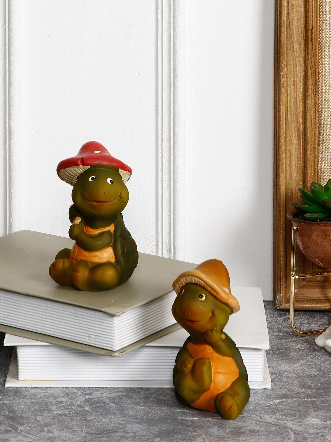 TAYHAA Olive Green & Orange Set Of 2 Polyresin Curio Mushroom Turtle Showpiece Set Price in India