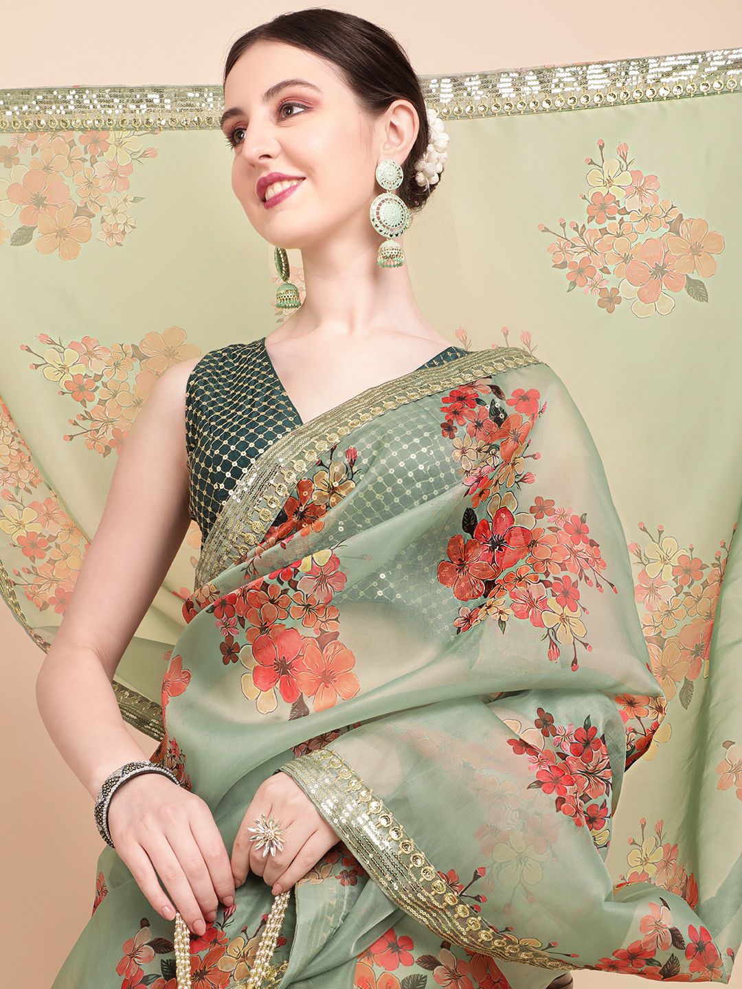 Sangria Olive Green & Red Floral Printed Organza Saree With Sequinned Blouse piece Price in India