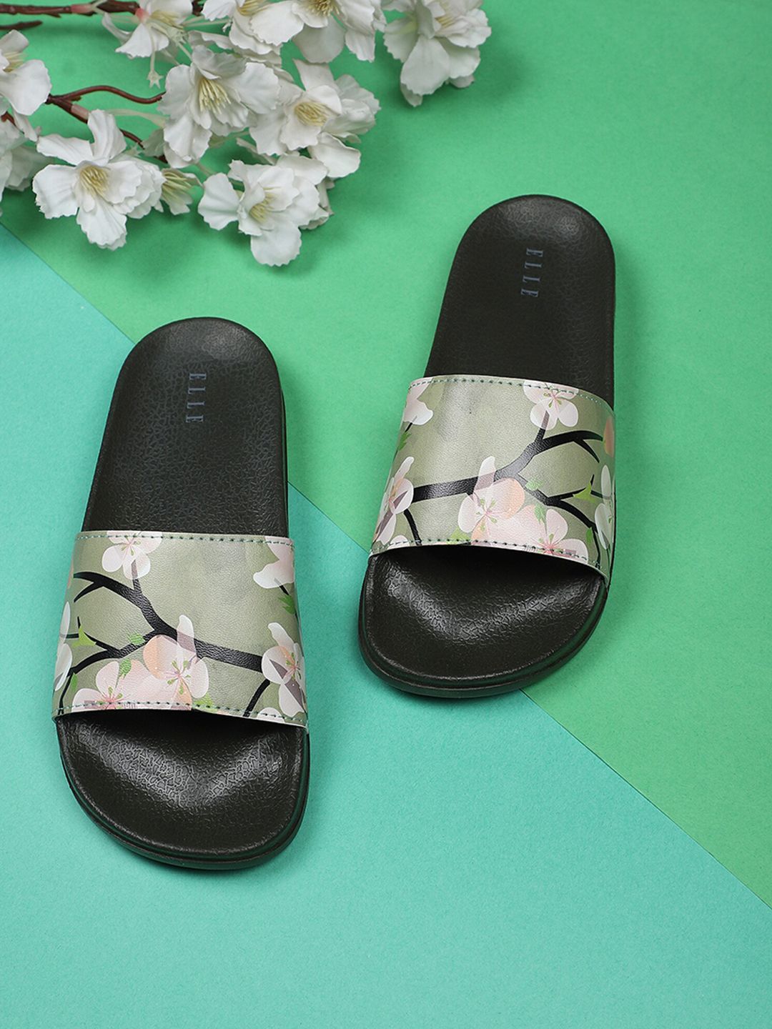 ELLE Women Olive Green & Black Floral Printed Sliders Price in India