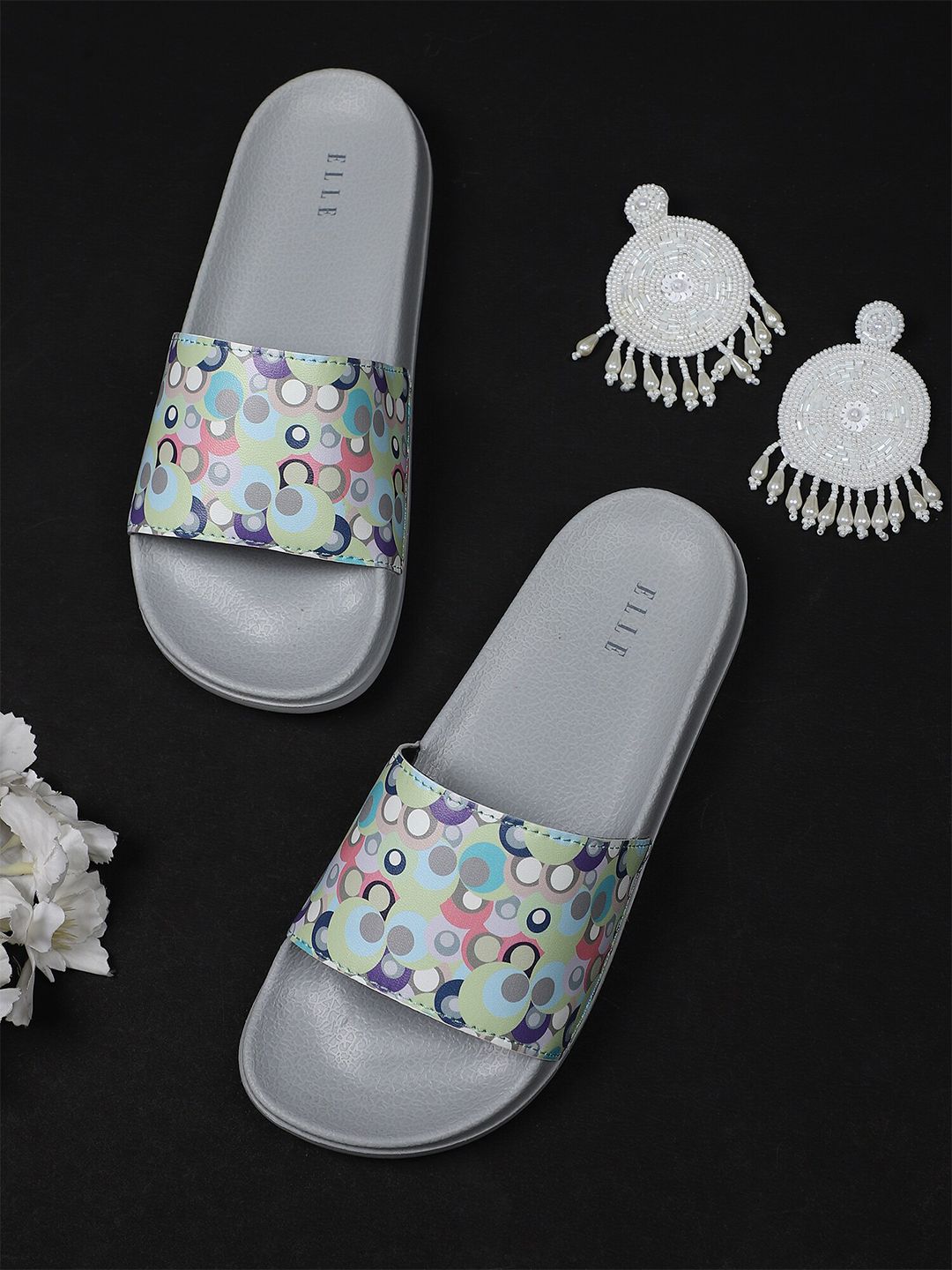 ELLE Women Grey & Purple Printed Sliders Price in India