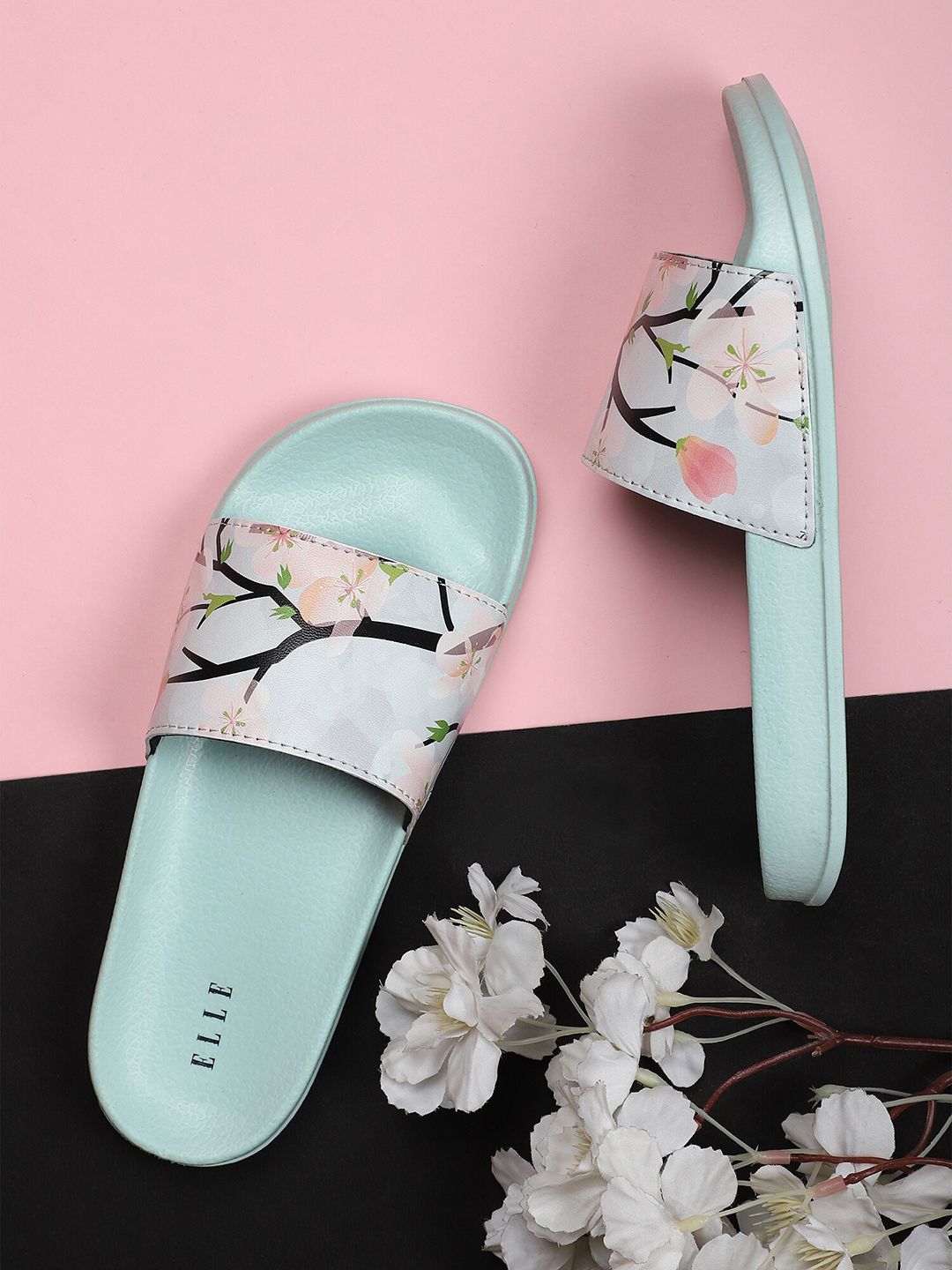 ELLE Women Green Printed Sliders Price in India