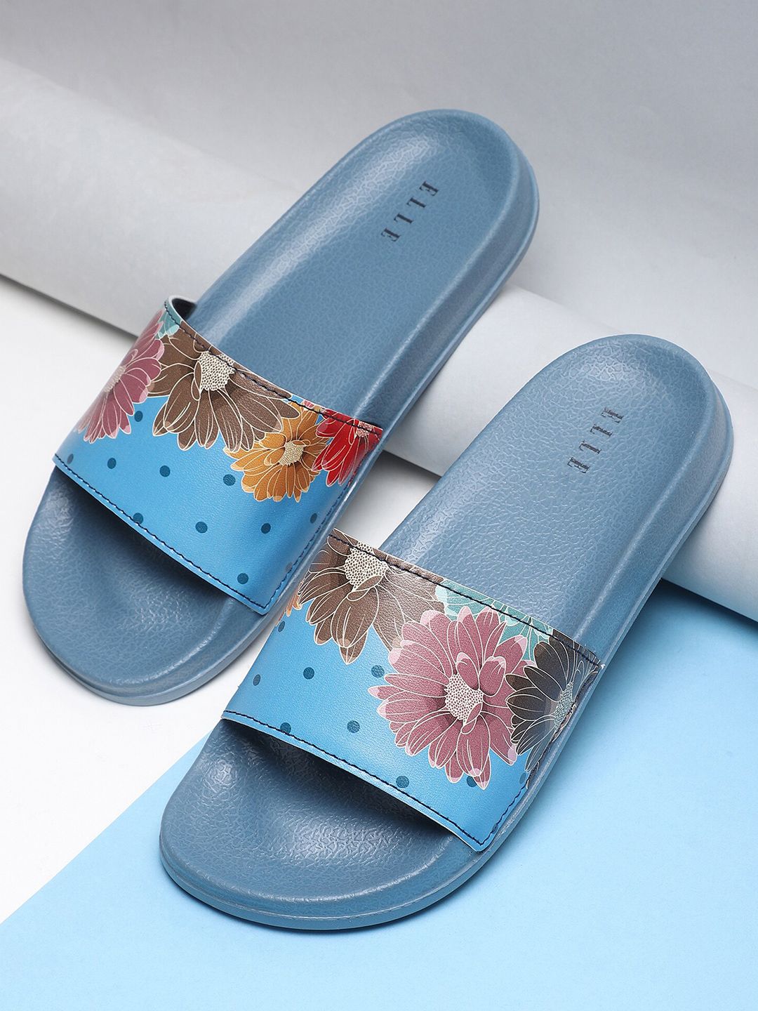 ELLE Women Blue & Pink Printed Sliders Price in India