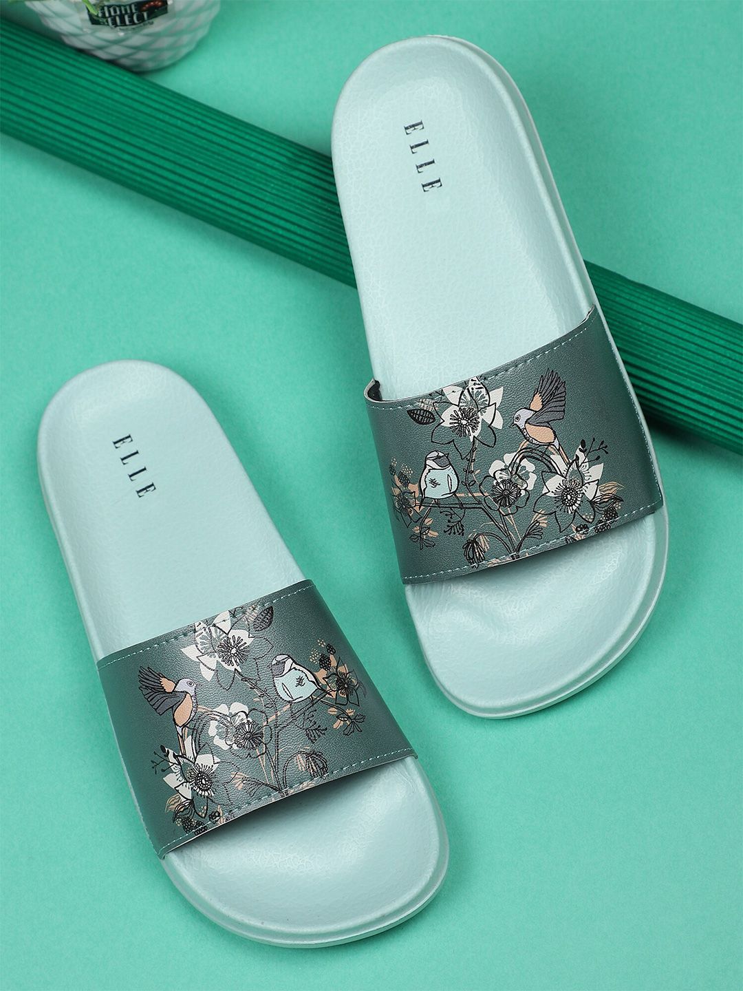 ELLE Women Green & Turquoise Blue Printed Sliders Flip Flops Price in India