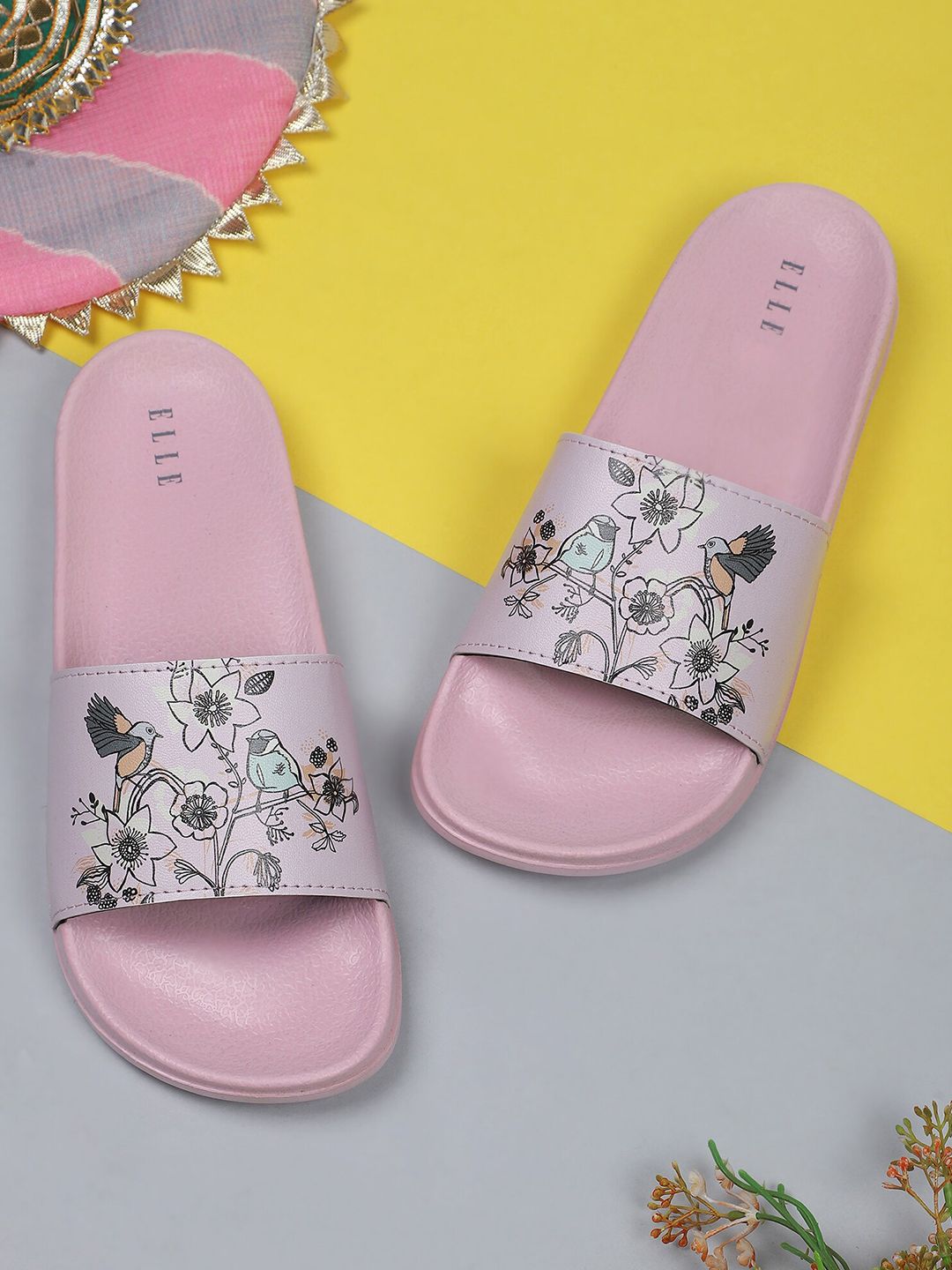 ELLE Women Pink & Black Printed Sliders Price in India