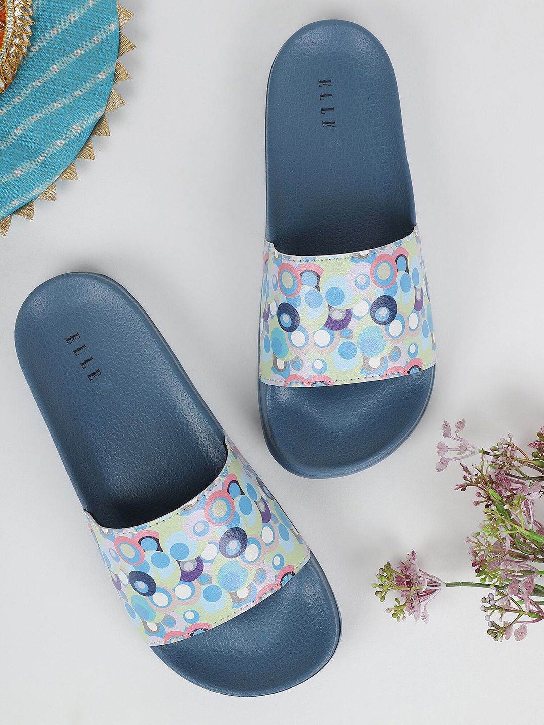 ELLE Women Blue & Green Printed Sliders Price in India