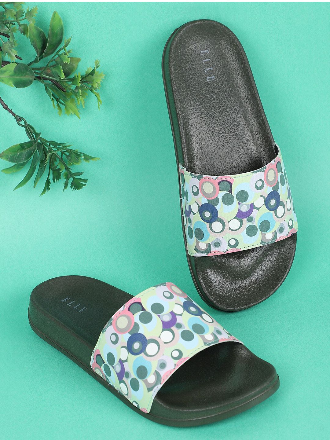 ELLE Women Green & Black Printed Sliders Flip Flops Price in India