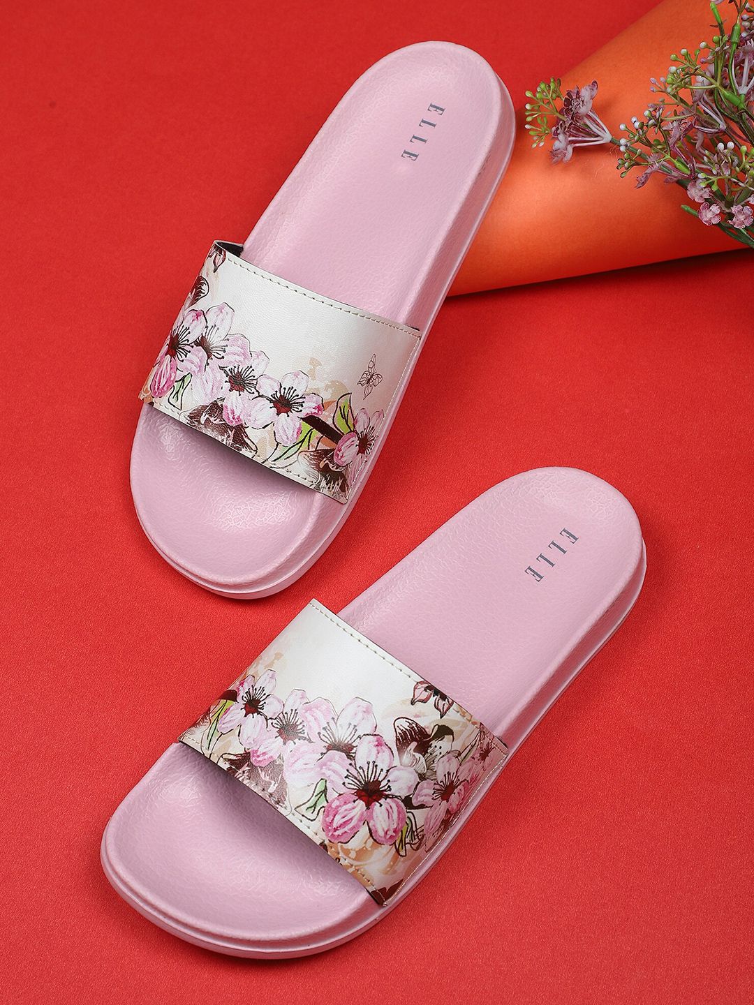 ELLE Women Pink & White Floral Printed Sliders Price in India