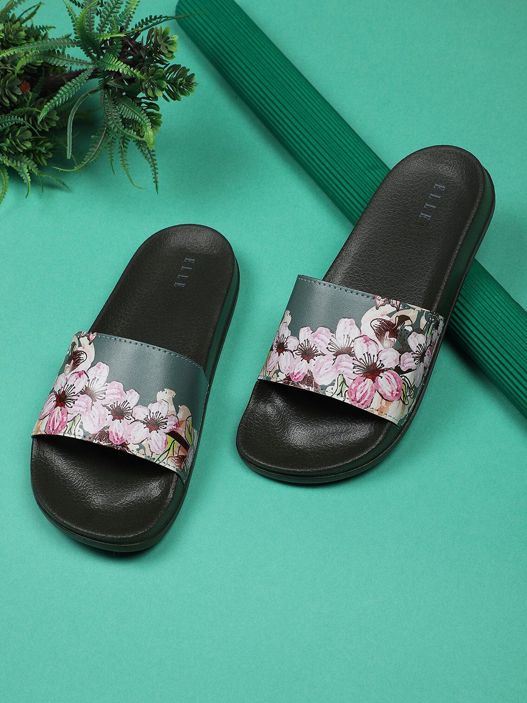 ELLE Women Olive Green & Pink Floral Printed Sliders Price in India