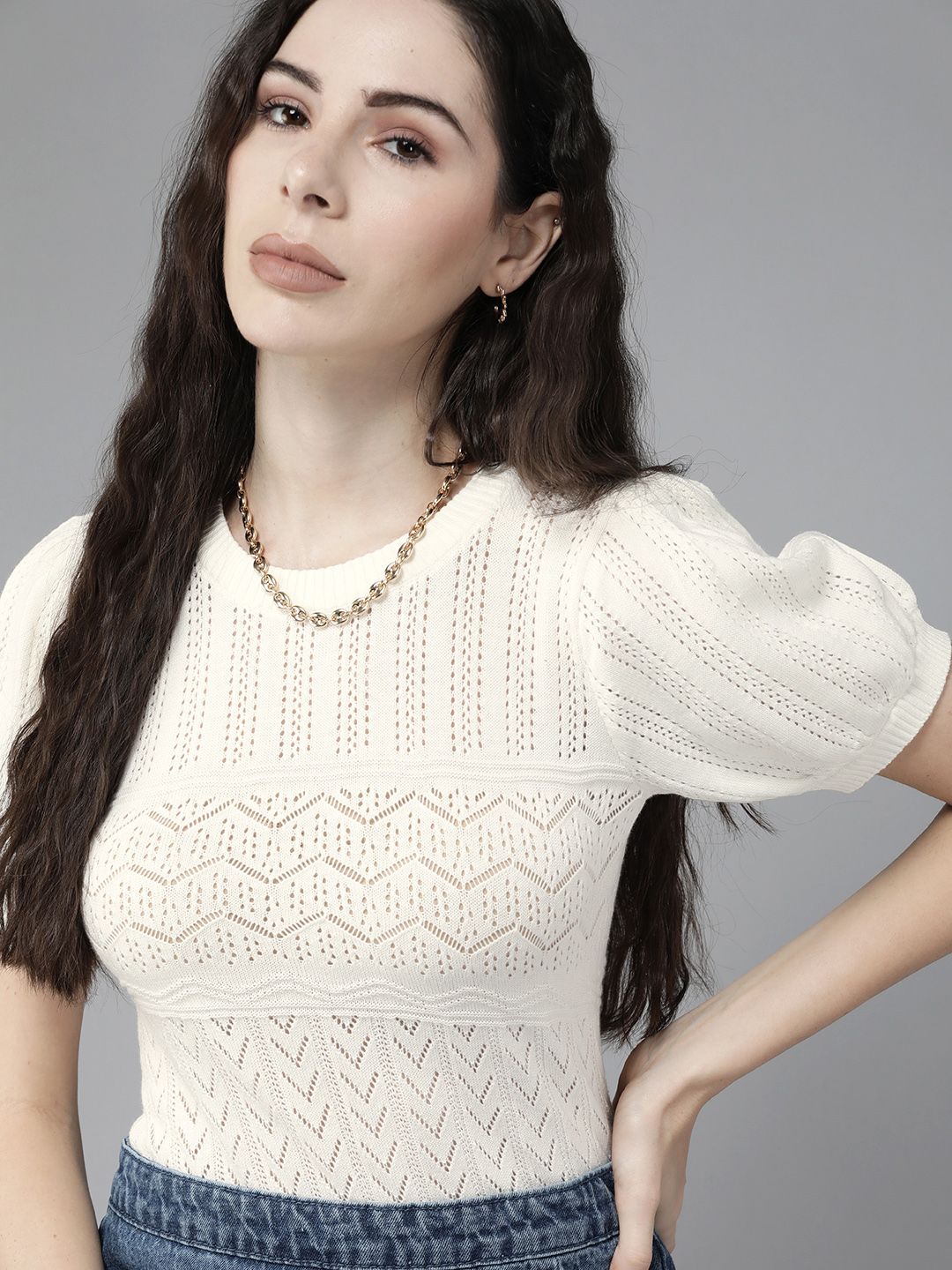 Roadster White Self Design Crochet Puff Sleeves Top Price in India