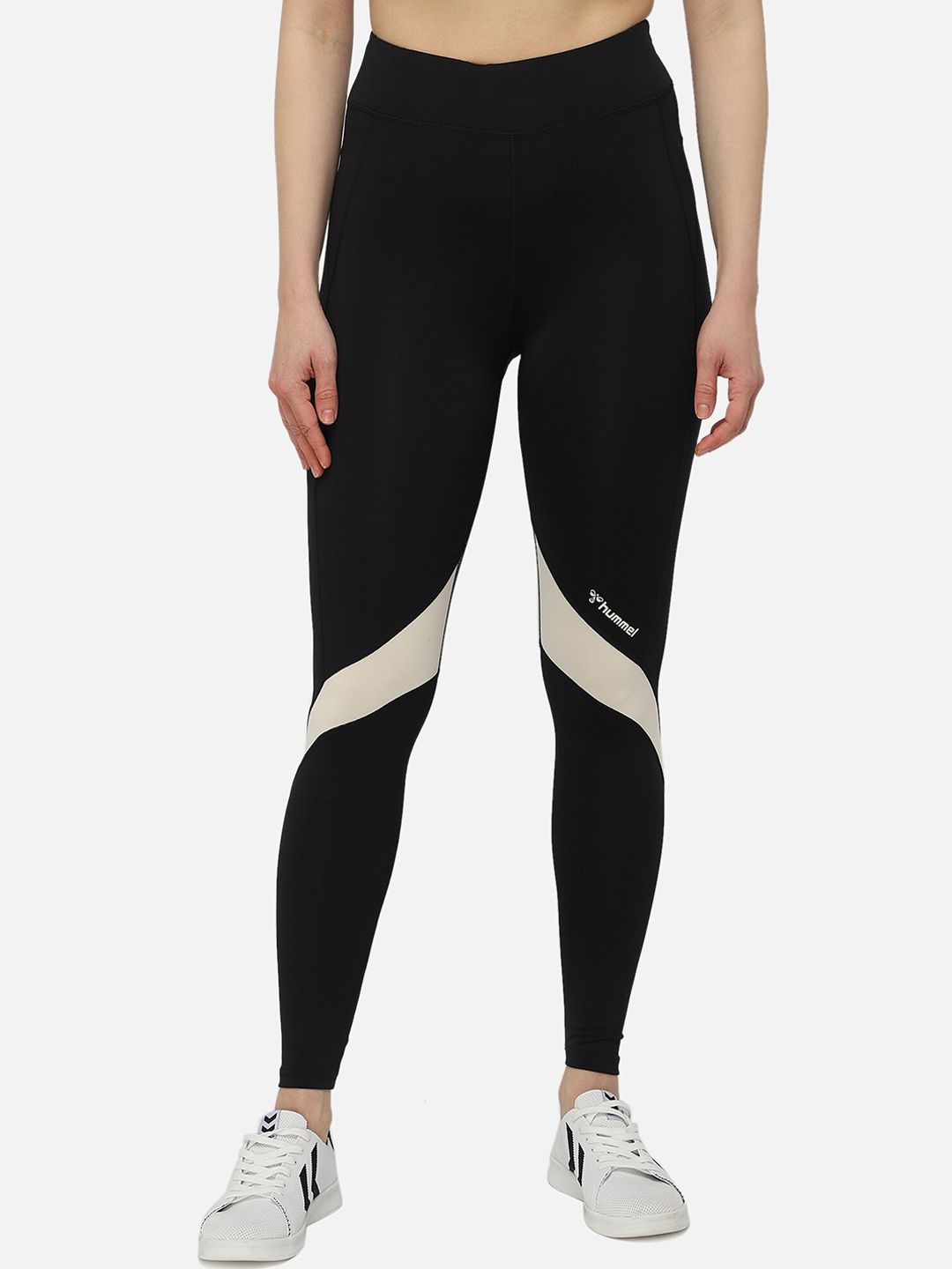 hummel Women Black & Off White Striped High-Rise Stretchable Ankle Length Sports Tights Price in India