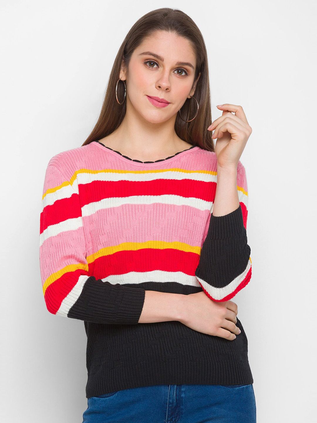 Globus Women Pink & Black Striped Pullover Sweater Price in India