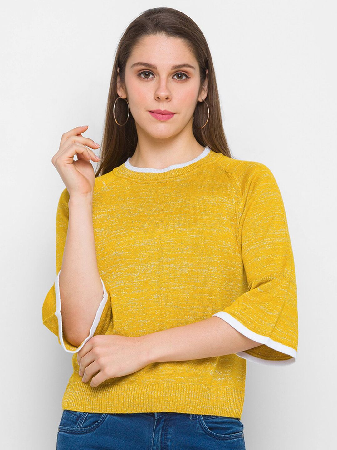 Globus Women Mustard & White Pullover Sweater Price in India