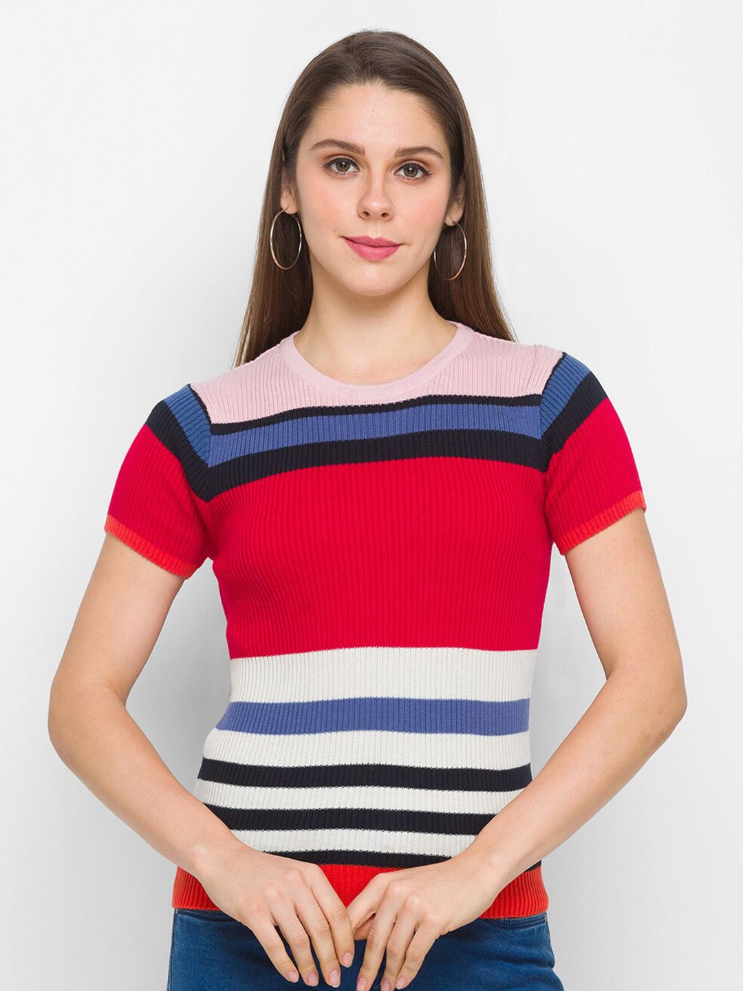 Globus Women Red & Blue Striped Pure Cotton Pullover Sweater Price in India
