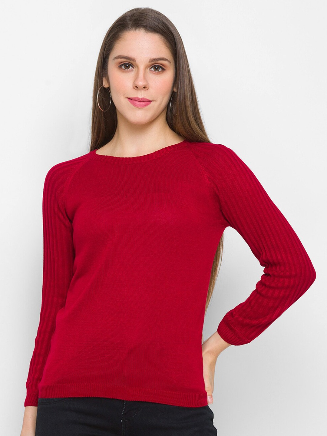Globus Women Red Ribbed Raglan Sleeves Pullover Sweater Price in India