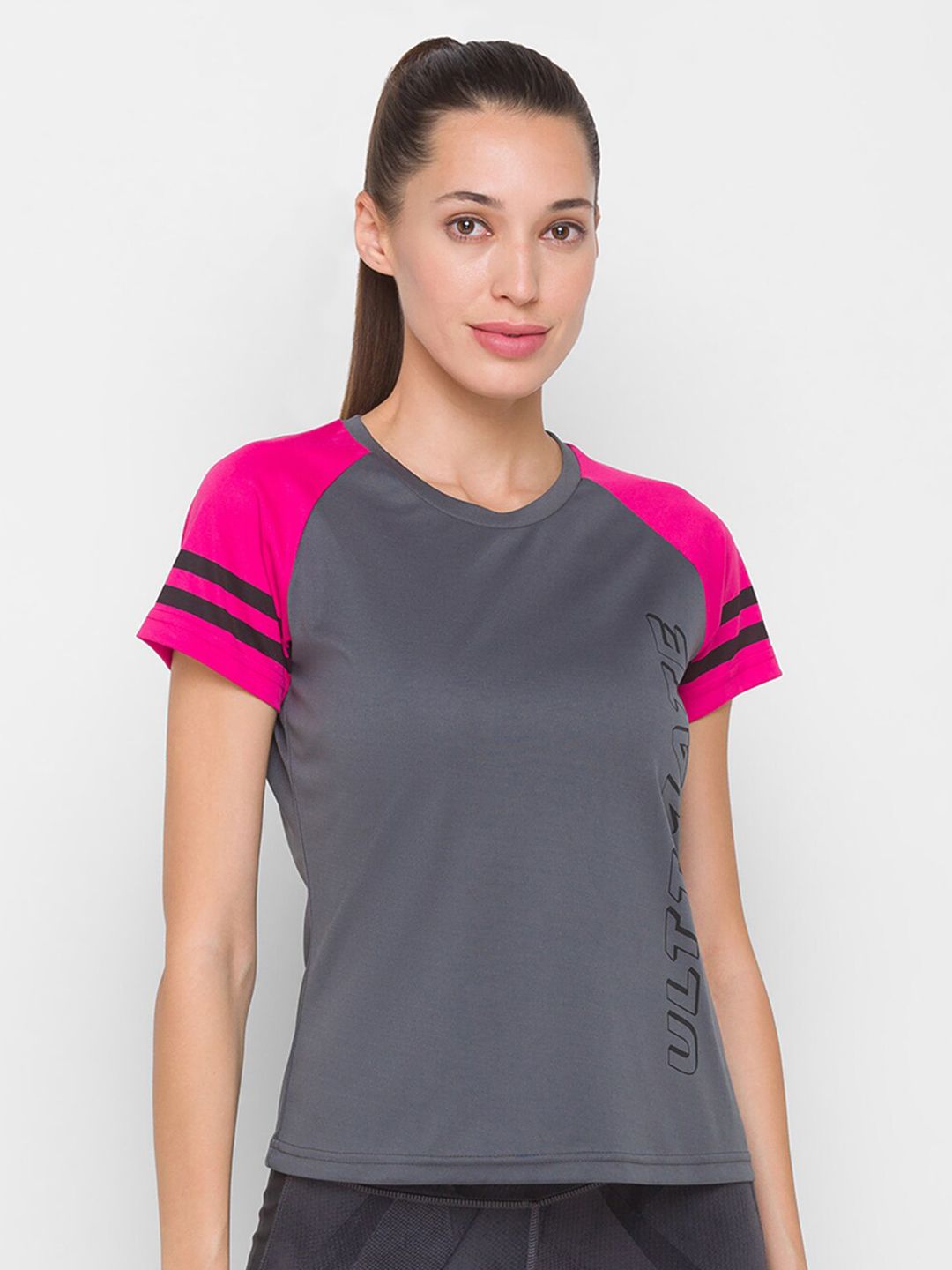 Globus Women Grey & Fuchsia Pink Typography Printed T-shirt Price in India