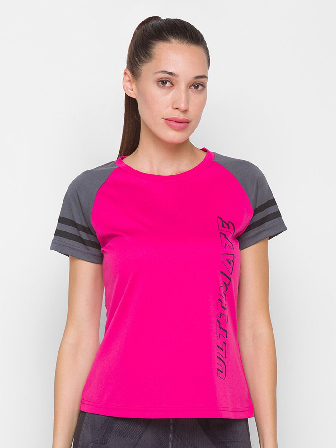 Globus Women Fuchsia & Grey Colourblocked Running T-shirt Price in India