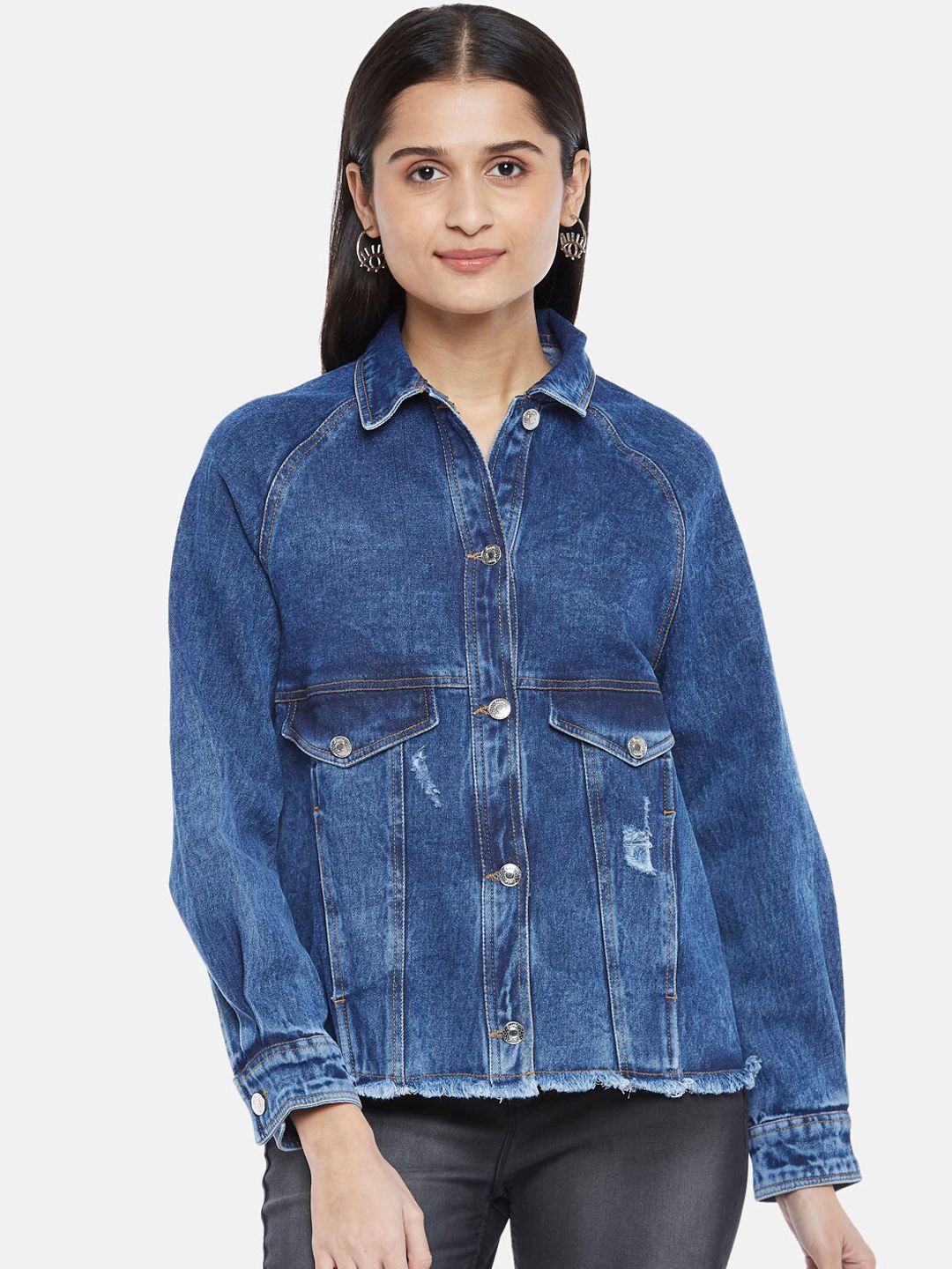 People Women Blue Crop Denim Jacket with Patchwork Price in India