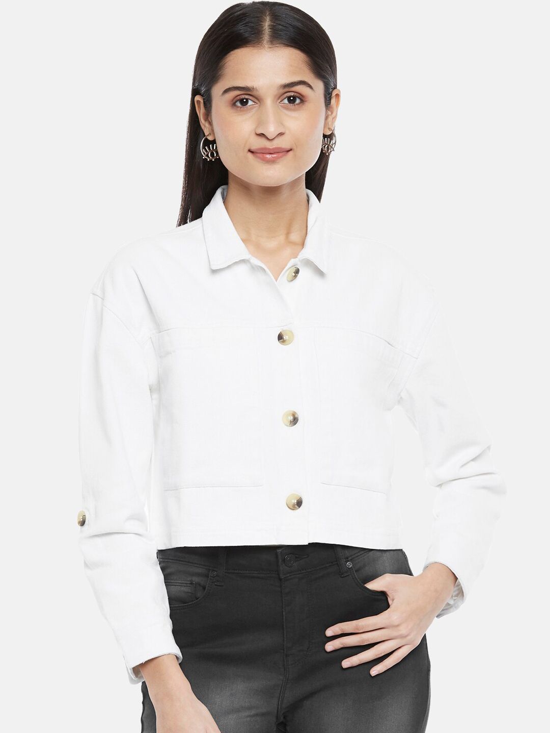 People Women White Crop Pure Cotton Denim Jacket Price in India