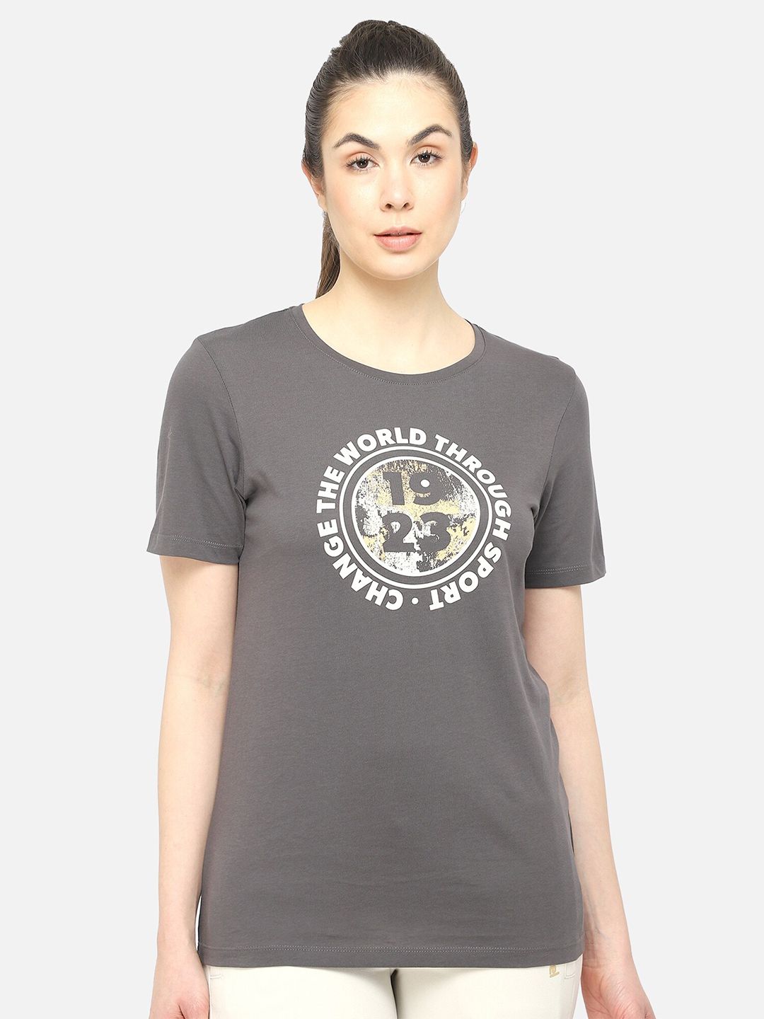 hummel Women Olive Green Printed Pure Cotton T-shirt Price in India