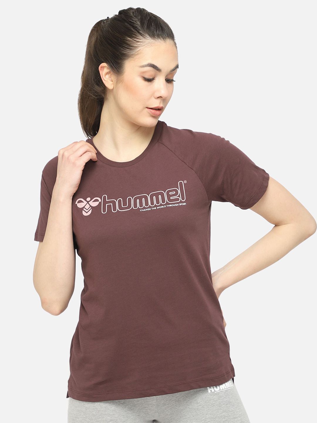 hummel Women Brown Printed Pure Cotton T-shirt Price in India