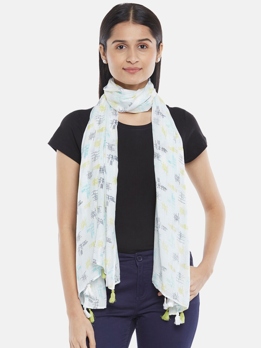 Honey by Pantaloons Women Off White & Blue Printed Scarf Price in India
