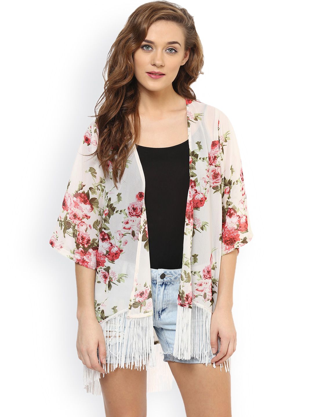 PURYS Off-White & Red Floral Print Fringed Shrug Price in India