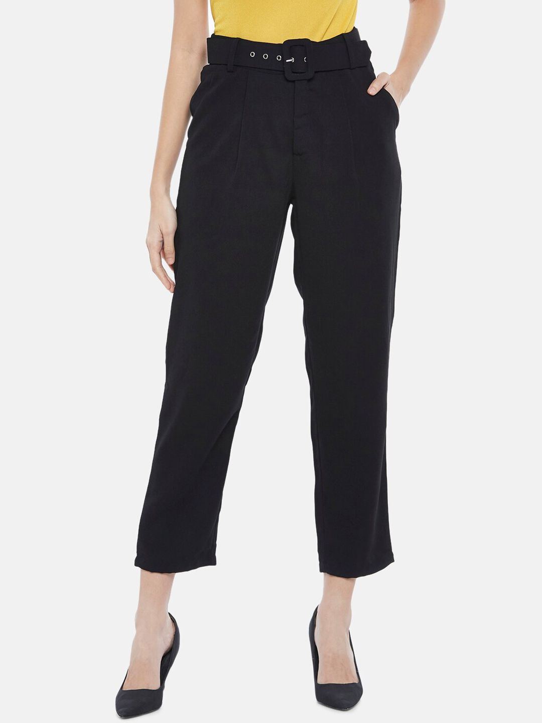 Annabelle by Pantaloons Women Black Tapered Fit High-Rise Trousers Price in India