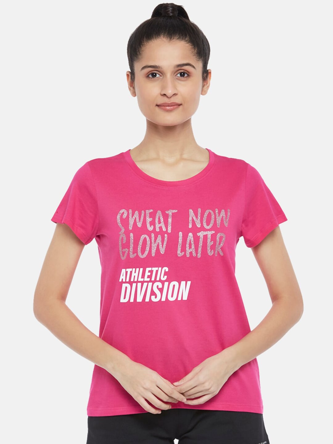 Ajile by Pantaloons Women Fuchsia Pink & White Typography Printed Pure Cotton T-shirt Price in India