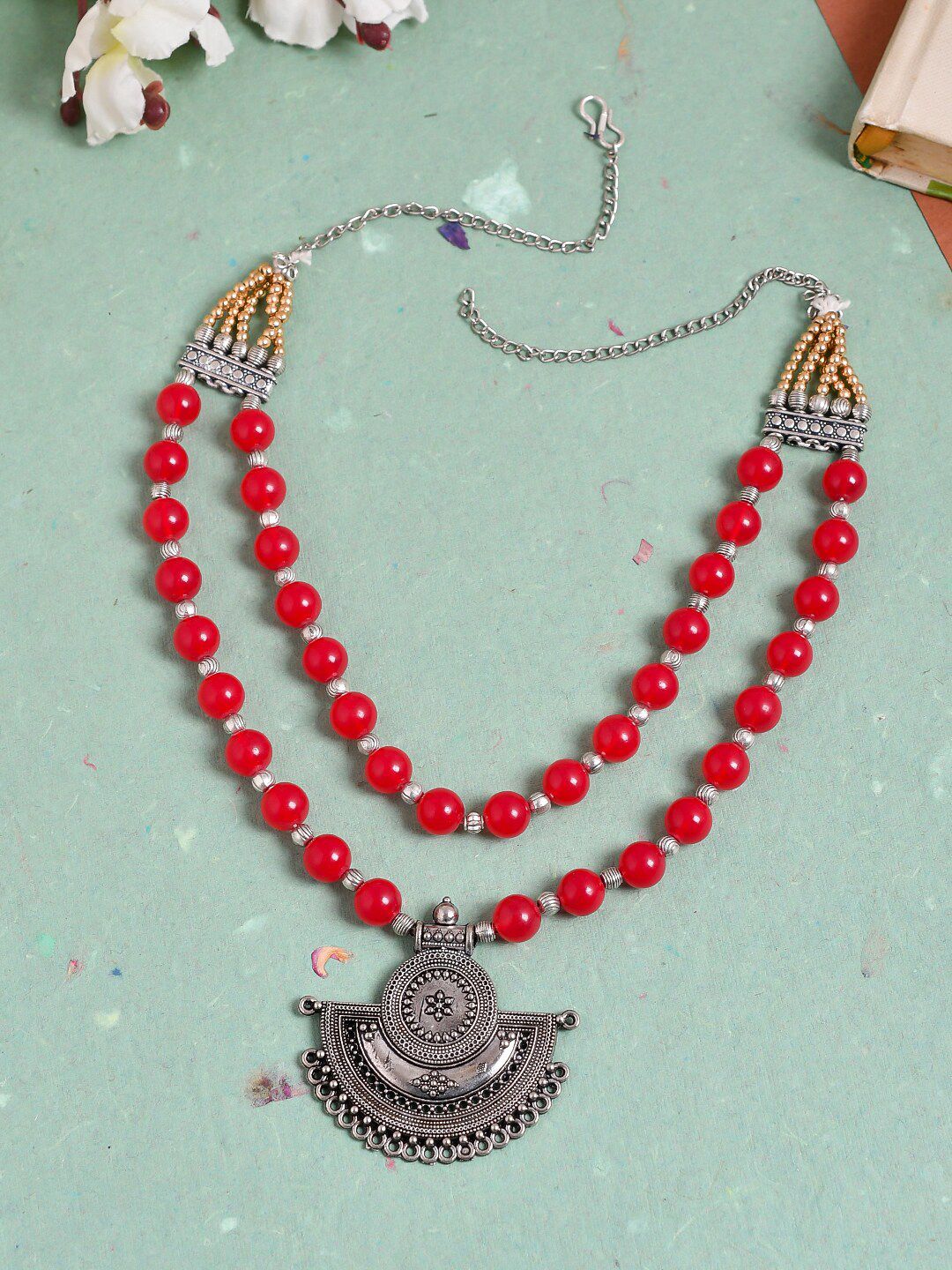 Silvermerc Designs Oxidised Silver-Plated Red Beaded Brass Layered Necklace Price in India