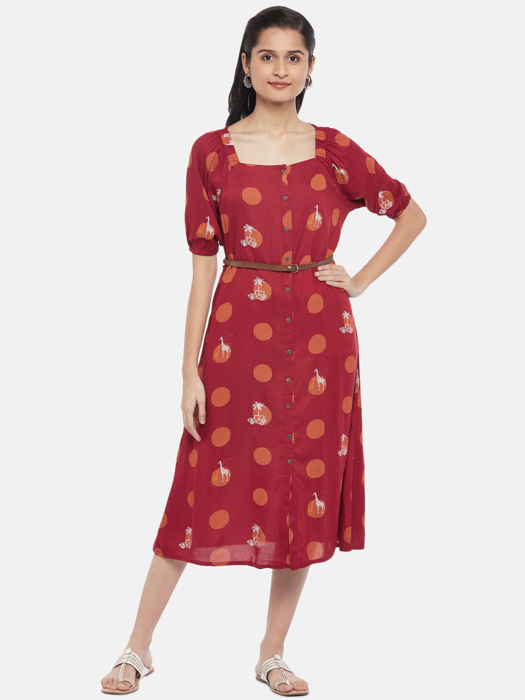 AKKRITI BY PANTALOONS Red Ethnic Motifs A-Line Midi Dress Price in India