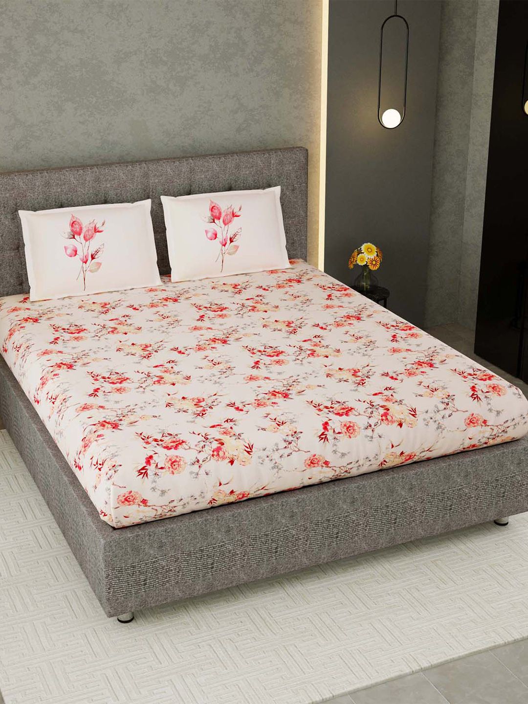 JAIPUR FABRIC Cream & Red Floral Printed 300 TC King Size Bedsheet With 2 Pillow Covers Price in India