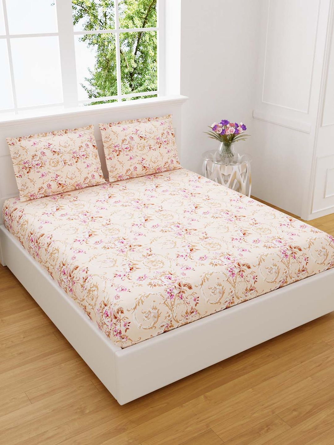 JAIPUR FABRIC Cream & Purple Floral 300 TC King Cotton Bedsheet with 2 Pillow Covers Price in India