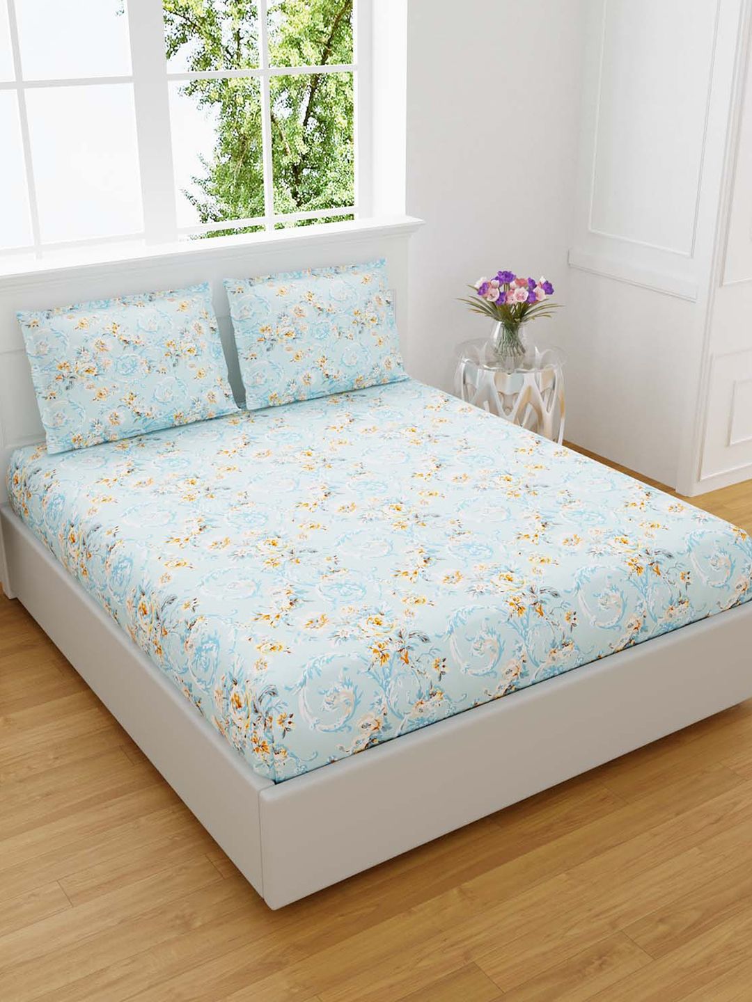 JAIPUR FABRIC Blue Floral Printed 300 TC King Size Bedsheet With 2 Pillow Covers Price in India