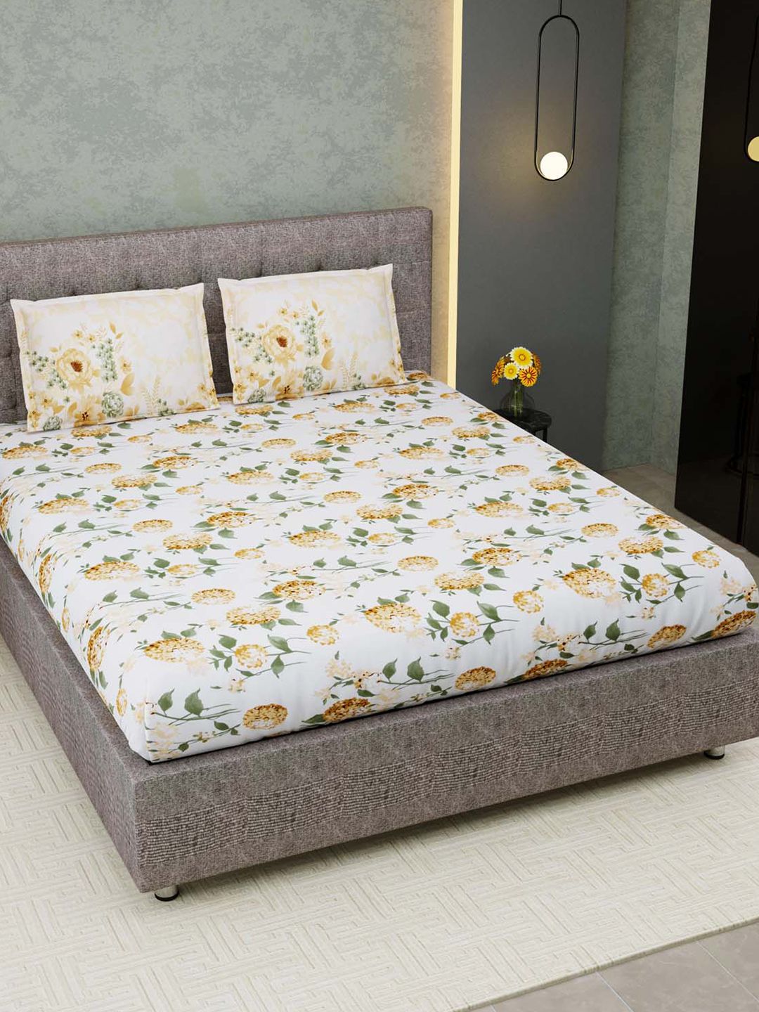 JAIPUR FABRIC Yellow & White Floral 300 TC King Bedsheet with 2 Pillow Covers Price in India